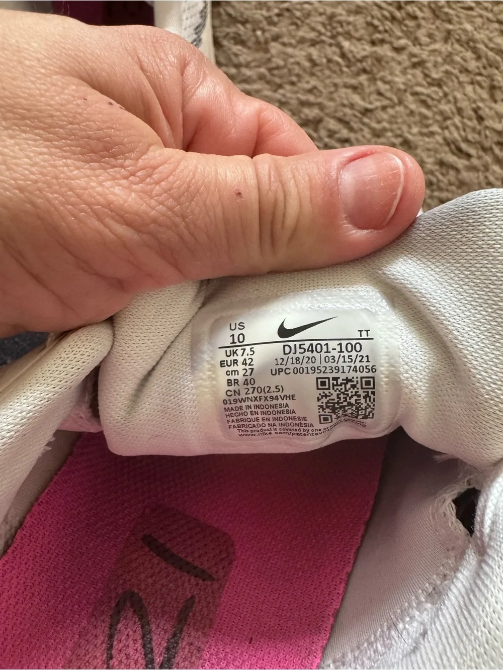 Nike Running Shoes White Pink DJ5401-100 Mens Size 10 Sneakers